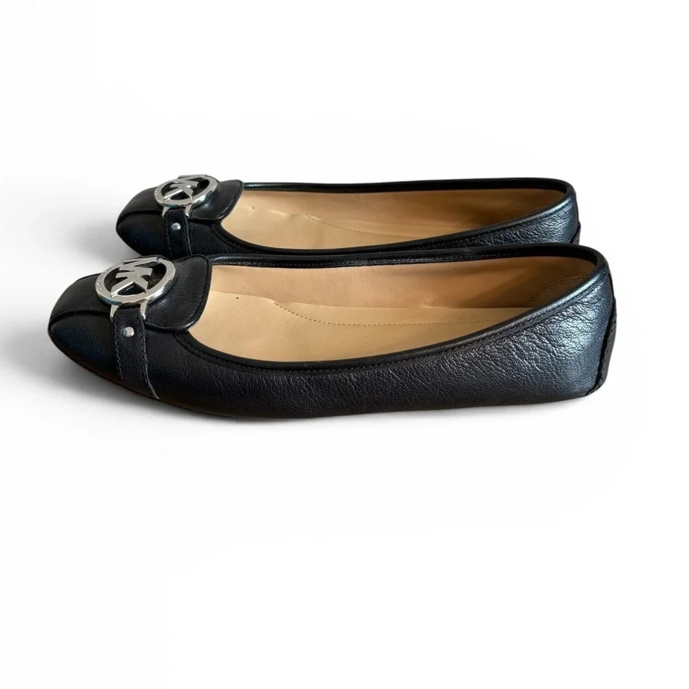 Michael Kors Fulton Moc Black Pebbled Leather Ballet Flats Silver MK Logo‎ Shoes